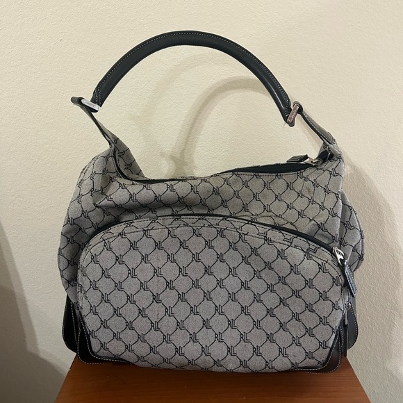 Vintage RALPH LAUREN Signature Jacquard Monogram Gray Duffle CarryOn Luggage Bag - Picture 1 of 11